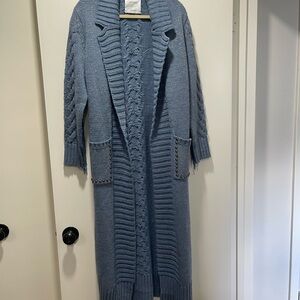 Long Open-Front Knit Cardigan Coatigan in Dusty Blue